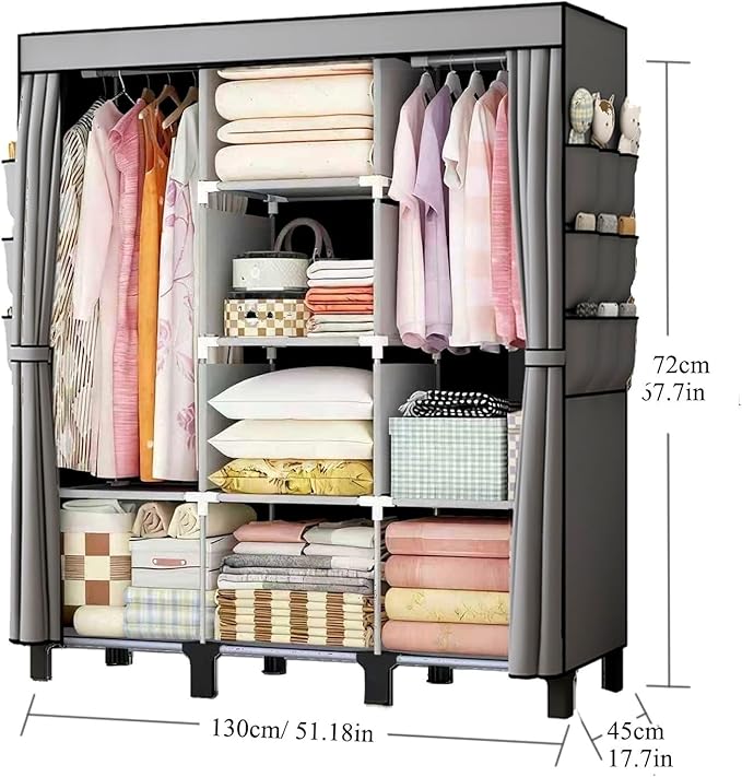 Portable Wardrobe, Easy Hanging Closet 6 Side Pockets Large Capacity Clothes Organizer Comes with 2 Hanging Poles and Shelves, Width 130cm, Depth 45cm, Height 172cm (Grey)