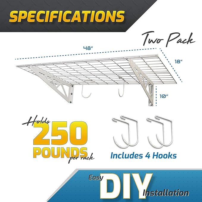 MonsterRax Garage Wall Shelf Two-Pack White or Hammertone Three Size Options Includes Bike Hooks 500lb Weight Capacity (White, 18"x36")