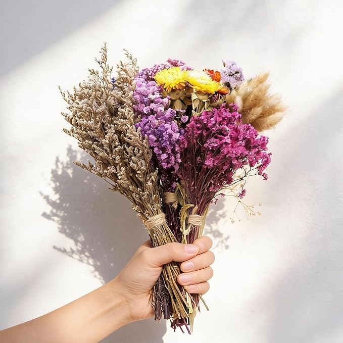 12 Kinds of Handmade Dried Flowers, Natural Pampas Grass, Asters, Love Grass, Rabbit Tail Grass, Lavender, Romantic Wedding Decoration, Festival Gift Home Decoration（Violet Series）