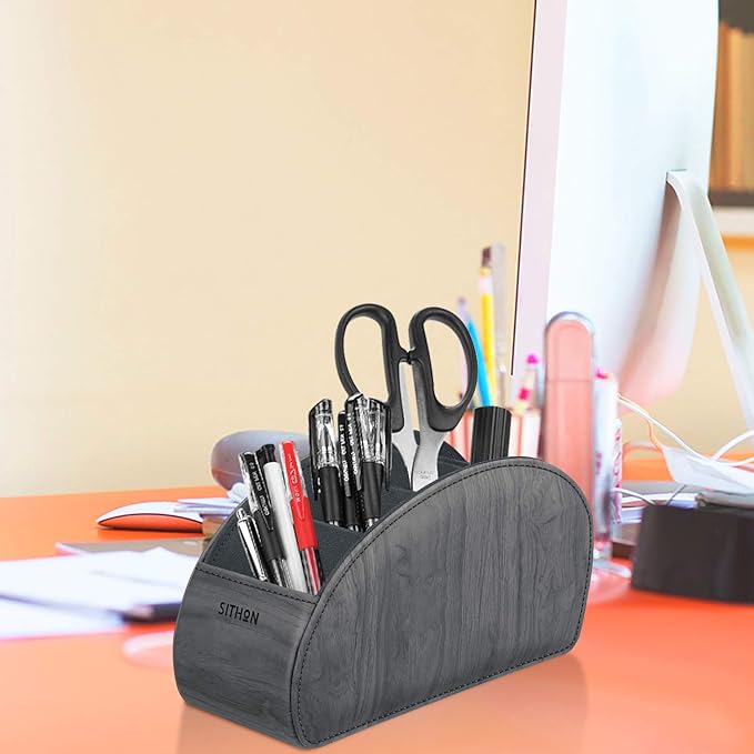SITHON Remote Control Holder with 5 Compartments - PU Leather Remote Caddy Desktop Organizer Store TV, DVD, Blu-Ray, Media Player, Heater Controllers, Woodgrain Gray