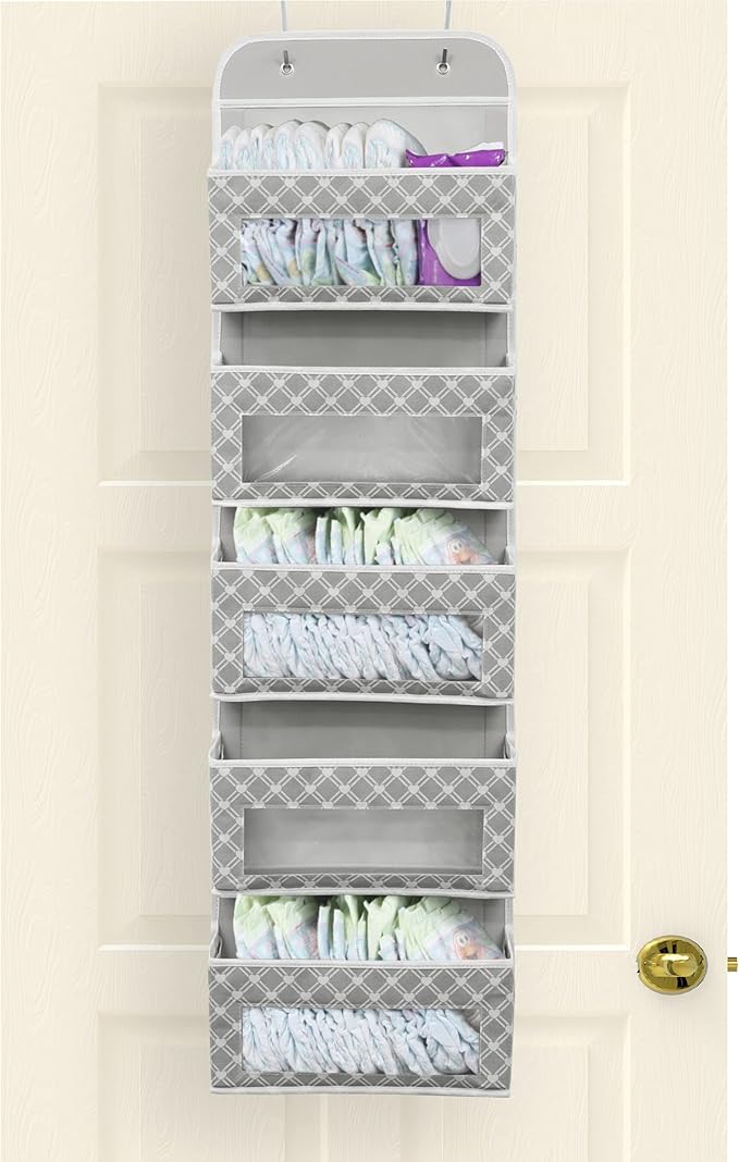 Simple Houseware 5 Clear Window Pocket Over Closet Door Storage Hanging Organizer for Bedroom, Bathroom, Pantry, Geometric Gray