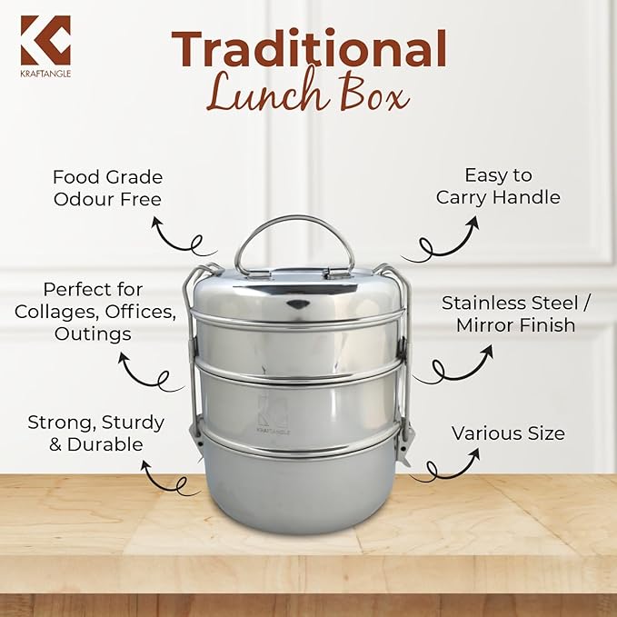 Indian-Tiffin Stainless Steel 3 Tier Large Lunch Box Snack Box/Food Container Airtight Leak Proof 3 Compartment Suitable for Office Use, Outdoor Lunches/Dining