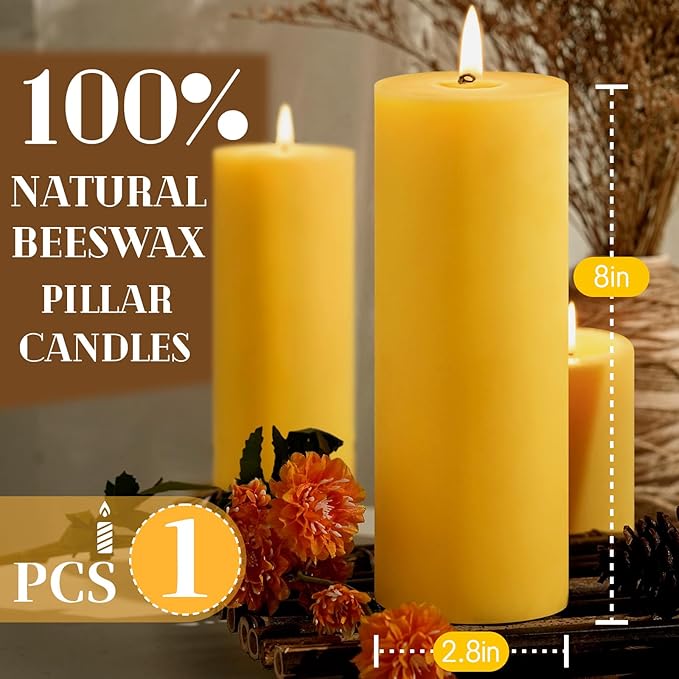 2.8x8in Beeswax Pillar Candles-1pcs,145H Long Burning,Emergency Beeswax Candles,Non Toxic Natural Bees Wax Candles for Home
