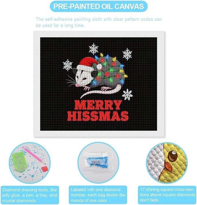 AIVKIEJK Diamond Painting Kits for Adults - Christmas Possum Merry Hissmas Painting DIY 5D Full Drill Diamond Dots Paintings with Diamonds Gem Art and Crafts Home Decor 16"x20"
