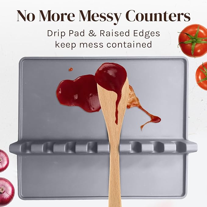 Cooler Kitchen Gray Silicone Spoon Rest for Stove Top with Drip Pad (1 Pack) - Extra Large Heat-Resistant, BPA-Free Utensil Rest for Kitchen Counter - Utensil Holder for Spatulas, Tongs, Ladles