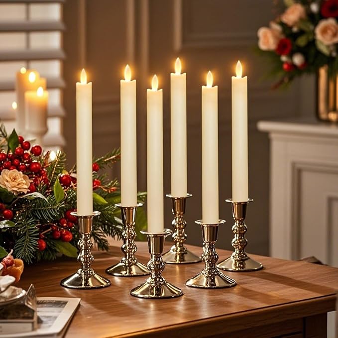 Battery Operated Flameless Ivory Taper Candles Flickering–Set of 6, Realistic 3D Wick Flickering LED Taper Candle Set,USB-Rechargeable, Remote & Timer, Ideal for Living Room, Bedroom & Easter Décor