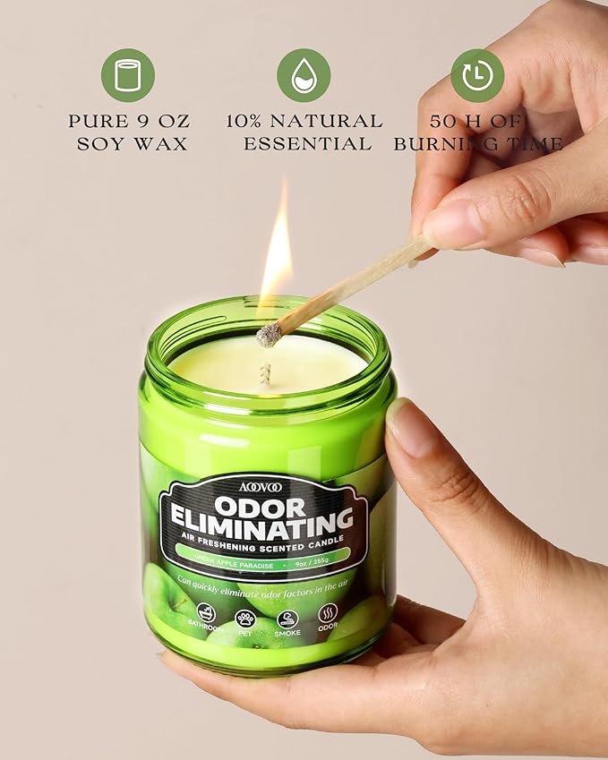 AOOVOO Green Apple 2 Pack Odor Eliminating Highly Fragranced Candle - Eliminates 95% of Pet, Smoke, Food, and Other Smells Quickly, Air Freshing Soy Candle, Up to 100 Hours Burn time