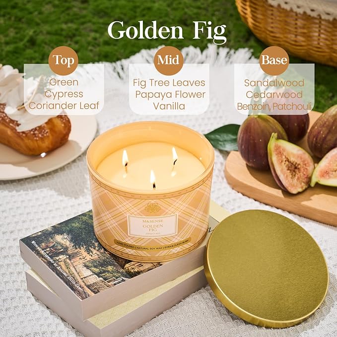 M&SENSE Plaid Pattern 3 Wick Soy Candles,11.64 oz Large Golden Fig Scent Candle for Relaxation, Gifting, Home Décor | for Bedroom, Office, Party