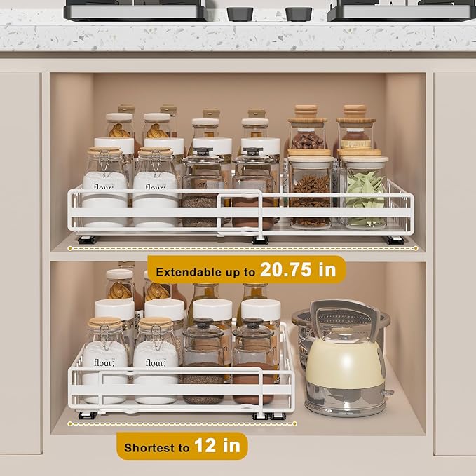 REALINN 2 Pack Pull Out Cabinet Organizer, Expandable(12"-20") Slide Out Drawers 3 Slide Rails Fix with Adhesive or Screw, Roll Out Shelves for Kitchen Cabinet Organization, White