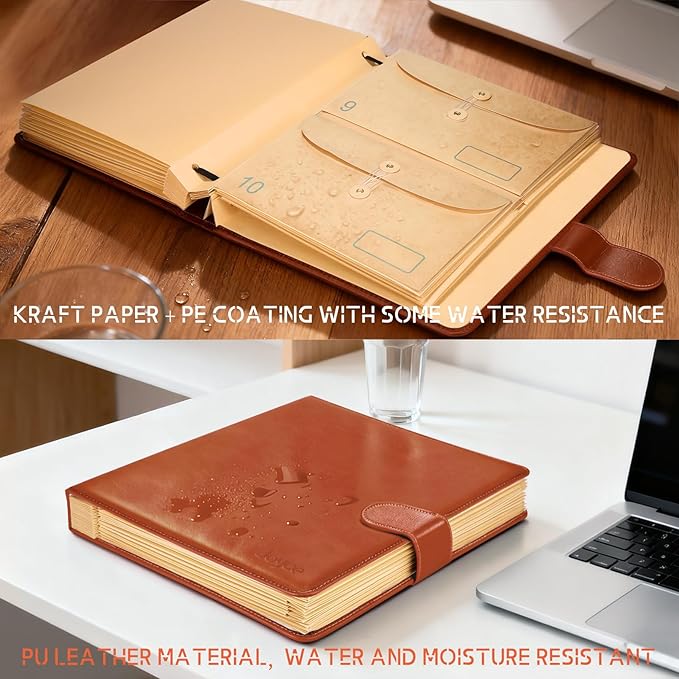 JOYCE Important Document Organizer, Life File Manager with Labels, for Managing Letters, Photos, Birth Certificates, Social Security Cards, Passport, Ring Binder (Brown Leather)