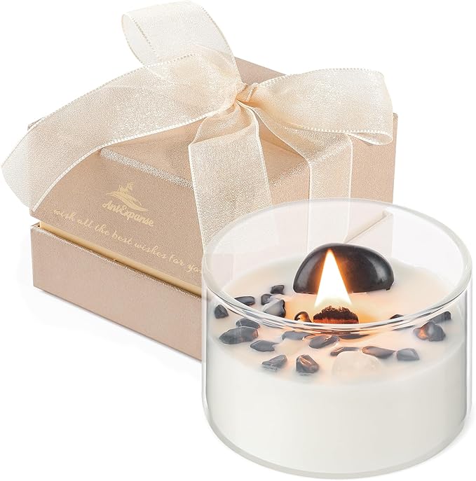 Premium Coconut Scented Soy Candles with Crackling Wood Wick & Real Crystals Inside, 55-Hour Burn Non-Toxic Aromatherapy Home Scented Candle Gifts for Women, Mom, Birthday (7oz)