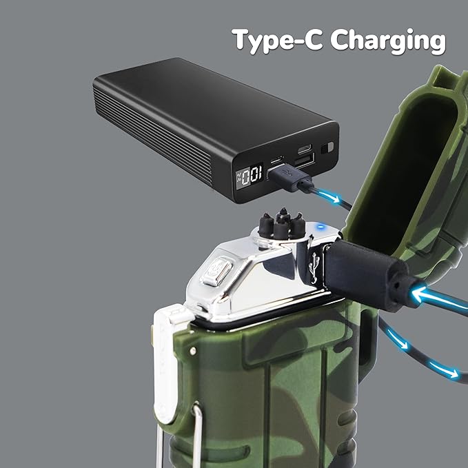 2 Pack Waterproof Lighter Outdoor Electric Lighters Dual Arc Windproof Lighters USB Rechargeable Flameless Plasma Lighter Camping Hiking Adventure Survival Tactical Gear