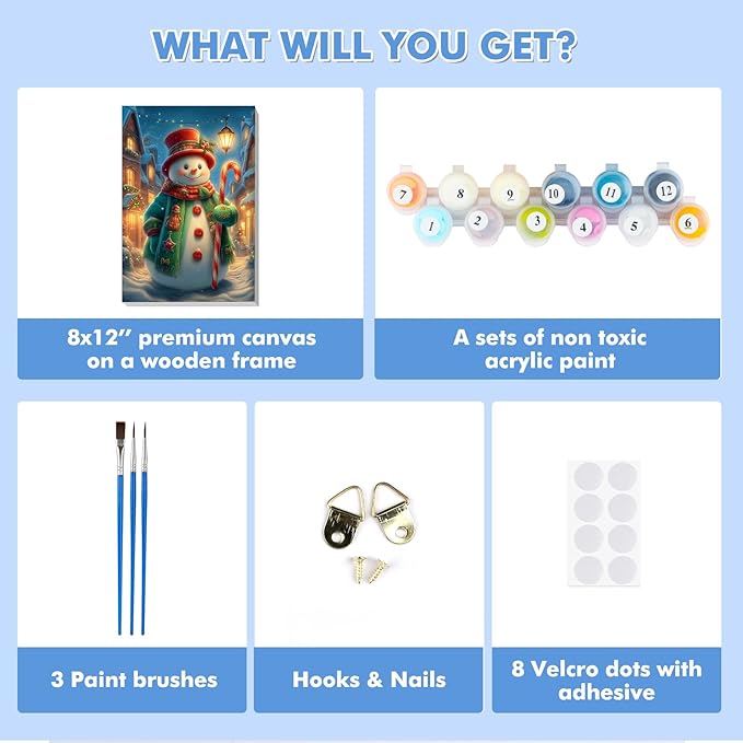 Bowetile Christmas Paint by Numbers for Adults Beginners Framed, Adults' Paint-by-Number Snowman Kits on Canvas, Acrylic Number Painting Christmas Gifts for Home Decor, 8x12in