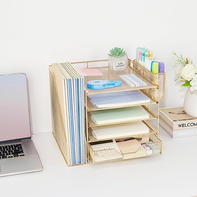 Desk Organizer, 5-Tier Paper Letter Tray Organizer with File Holder, Drawer and Pen Holder, Desktop Organizer for Office Supplies, Gold