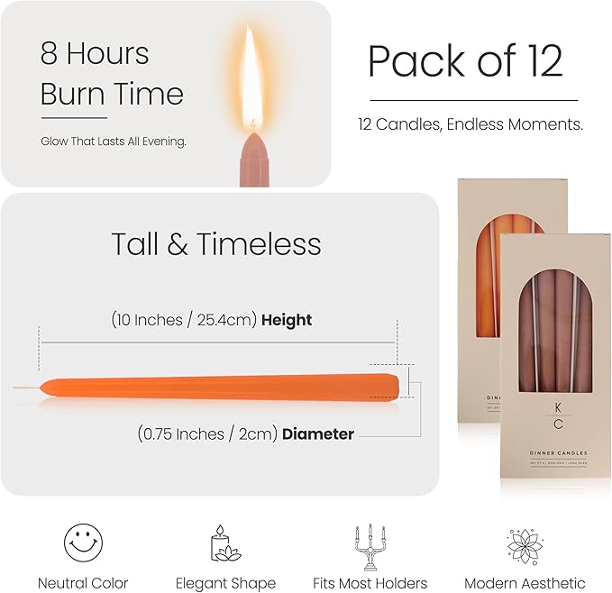 Tapered Dinner Candles - Soy & Paraffin Blend, Dinner Candles with Long-Lasting 7-Hour Burn for Stylish Homes - Candle in Curated Colors Ideal Gift for Hosts, Brides & Event Planners-Latte & Orange