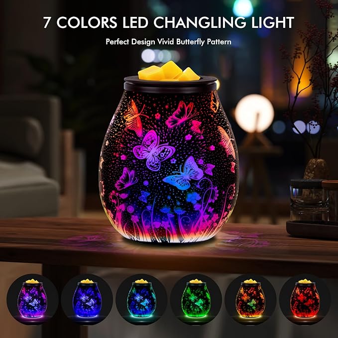 Electric Wax Melts Warmer with Timer-3D Wax Warmer with 7 Colors LED Light, Wax Burner for Scented Wax by PTC Heating, Removable Silicone Dish，Wax Melter for Home & Office Decor Gift (Butterfly-Timer)