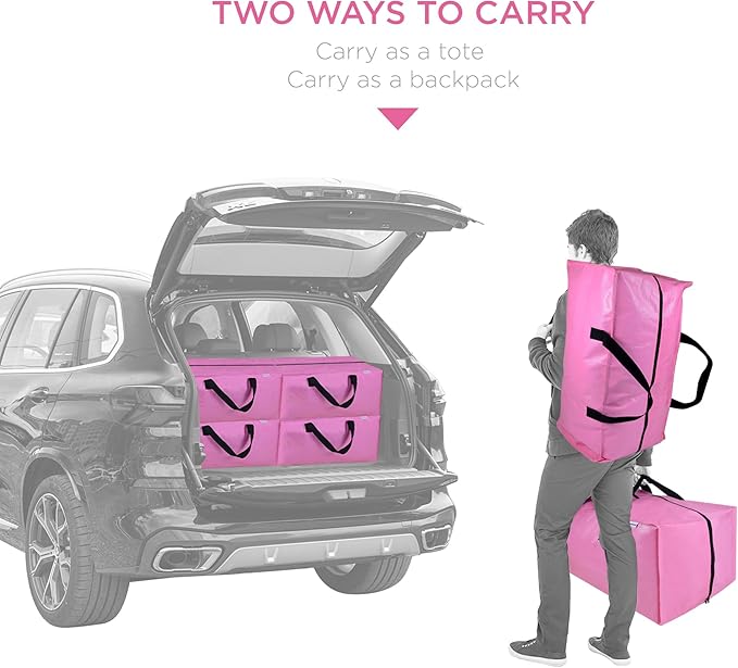 6 Pack Extra Large Moving Bags with Zippers, Backpack Straps & Reinforced Handles, Heavy Duty Storage Bags for Clothes, Moving, Space Saving, Pink