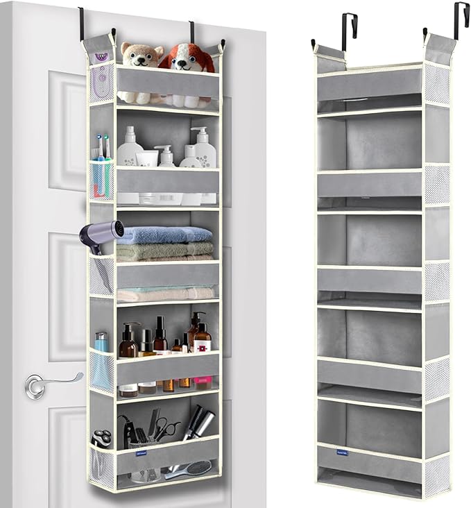 Over The Door Organizer 5-Shelves and 10 Side Pockets, Over The Door Storage for Bathroom Bedroom Nursery, Hanging Door Organizer for Baby Diapers and Kids Toys (13"x5"x44", Grey)