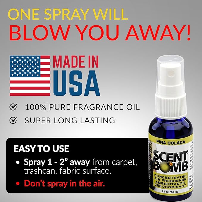 Scent Bomb Air Freshener Spray, Long-Lasting Odor Eliminator - Effective Deodorizer for Home & Car, Fresh Room Spray for Kitchen, Bathroom & Smell Neutralizer - 1 oz Pack of 4, Pina Colada Scent