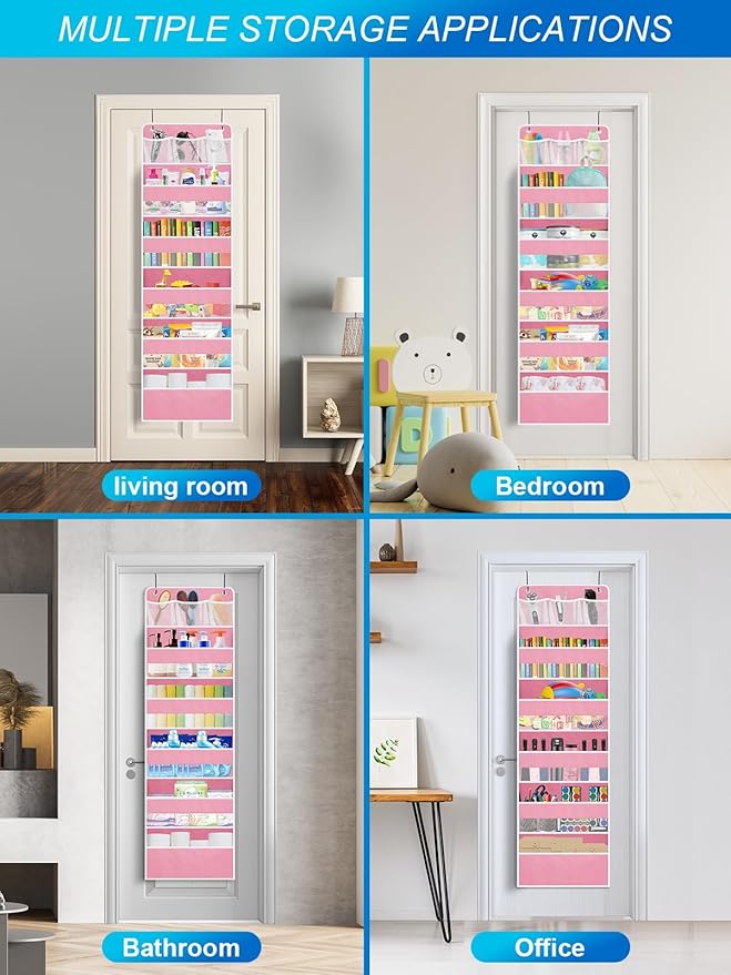 Over the Door Organizers Storage - 5 Shelf Hanging Storage shelves Door Organizer with Pockets, Anti Tilt 44 lb Load Behind Door Organizer for Bedroom,Nursery,Bathroom,Kitchen,Dorm,Shoe - 1 Pack, Pink