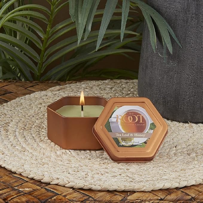 Root Candles Scented Candles in Travel Tin 24-Hour Honeycomb Traveler Handcrafted Beeswax Blend Candle, 4-Ounce, Tea Leaf & Honey