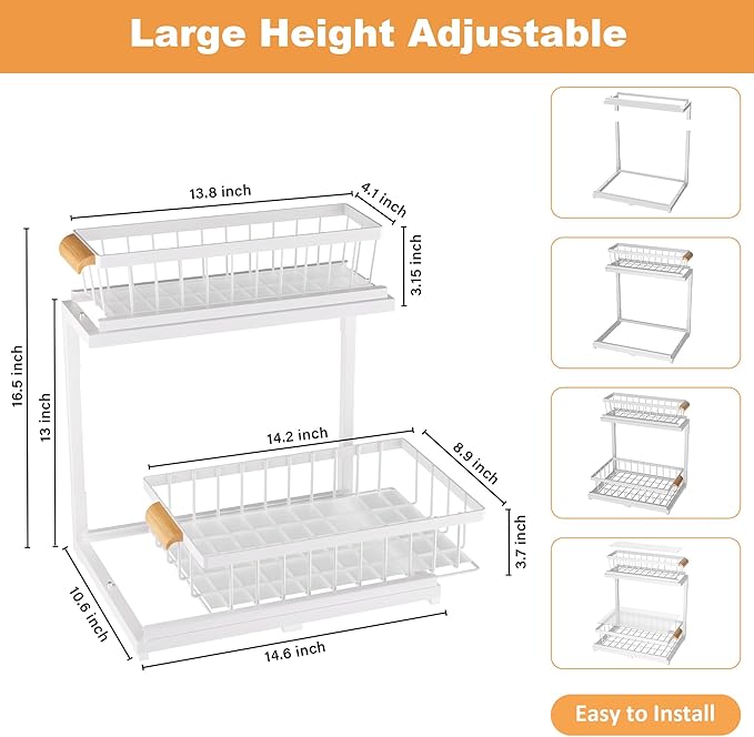Under Sink Organizer 2 Tier, Pull Out Drawer Slides Under Sink Storage for Bathroom Kitchen,Multi-Purpose Drawer Under Cabinet Organizer for Cleaning Supplies (White, Large-2 Pack)