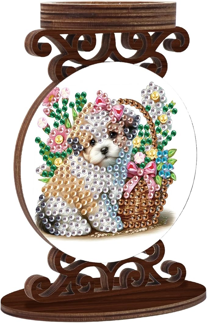 Diamond Art Painting Candlestick Holder kits, Puppy DIY shaped crystal Diamond partial art painting, woodiness Candle holder for AromaRelax & Home Decor, Christmas Halloween Ornaments (Double-Sided)