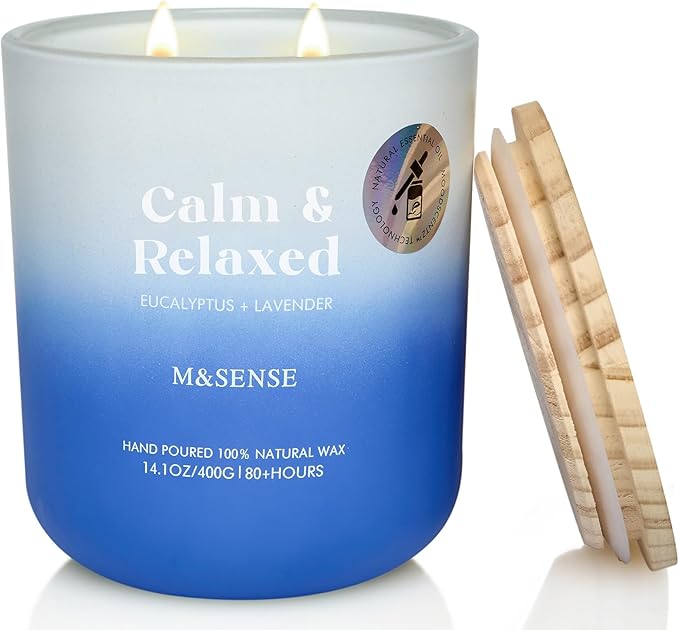M&SENSE Eucalyptus Lavender Scented Candle, 14.1oz Non Toxic 80 Hours Burn Time Highly Scented Natural Soy Wax Aromatherapy Candle for Women Men, Stress Relief & Relaxing