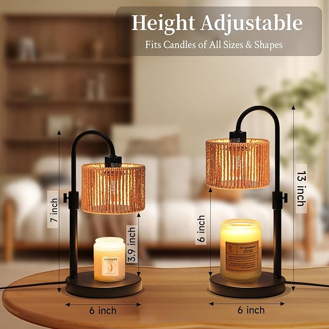 FINCMY Boho Candle Warmer Lamp, Adjustable Height Candle Wax Warmer with Timer, Candle Lamp Warmer for Jar Candles, House Warming Gifts Brithday Gifts for Women Bedroom Home Decor (Rattan)