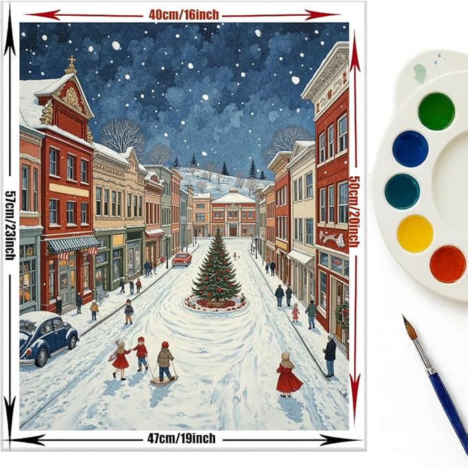 EnLvYY Paint by Numbers for Adults 16x20 Inch, DIY Acrylic Winter Town Street Scene with Christmas Tree, Unframed Canvas Painting Kit for Beginners, Relaxing Wall Decor Art, Gift for Adults