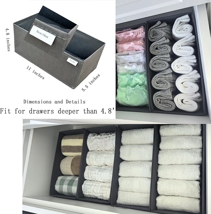 Sock Drawer Organizer 6 Pack - Collapsible Fabric Storage Bins for Underwear Divider, Small Closet Organizers with 6 Compartments, Gray