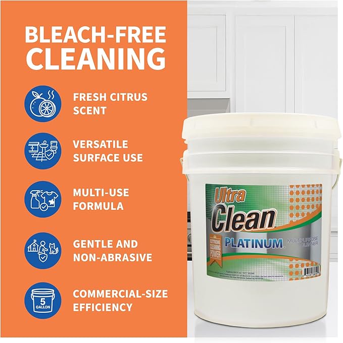 Ultra Clean Platinum Multipurpose Cleaner, Non-Abrasive and Bleach-Free, for Kitchen Counters, Bathroom Floors and Garage Spaces, Citrus, 5 Gallons
