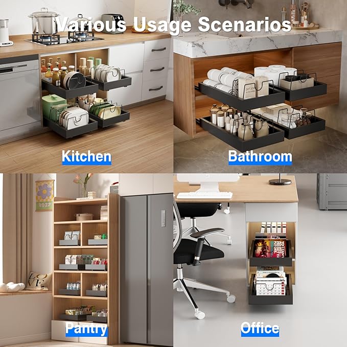 2 Pack Pull Out Cabinet Organizer with 8 Dividers,21.8" Deep Slide Out Drawers for Cabinets Adhesive Pull Out Drawers Heavy Duty Pull Out Shelves for Kitchen, Cupboard, Pantry, Bathroom-Black