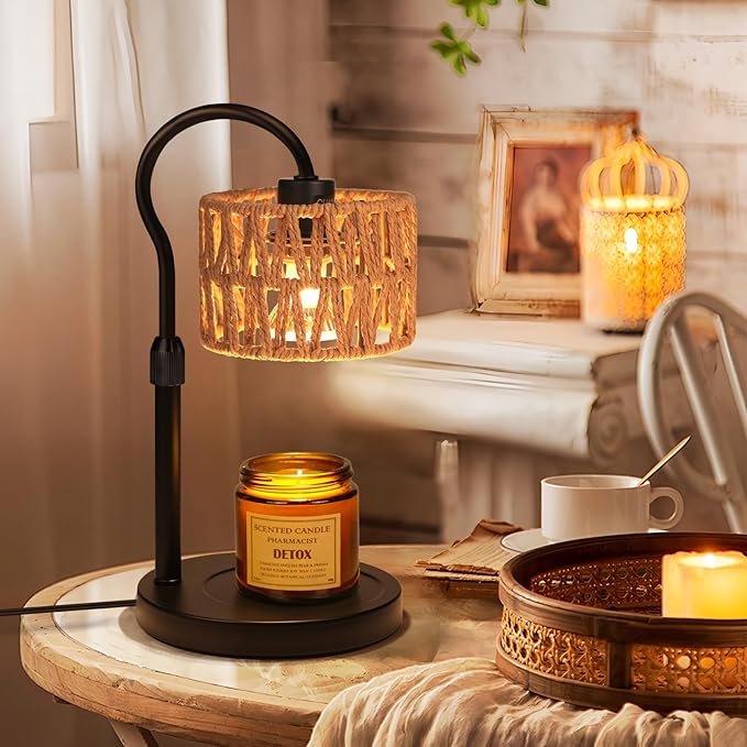 Candle Warmer Lamp,Adjustable Height with 2 Bulbs，Boho Rattan Candle Lamp with Dimmer & Timer, Flameless Fragrance Diffuser for Scented Wax Melts, Mothers Day and Birthday Gifts for Home, Office