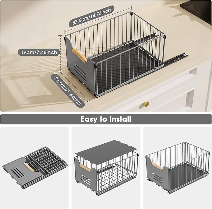 2 Pack Pull Out Cabinet Organizer, Slide Out Drawers for Cabinets, Peel and Stick, Heavy Duty Shelves for Kitchen, Cupboard, Pantry, Bathroom, Tall Style - Gray（14.76" D*9.64" W*7.48" H）