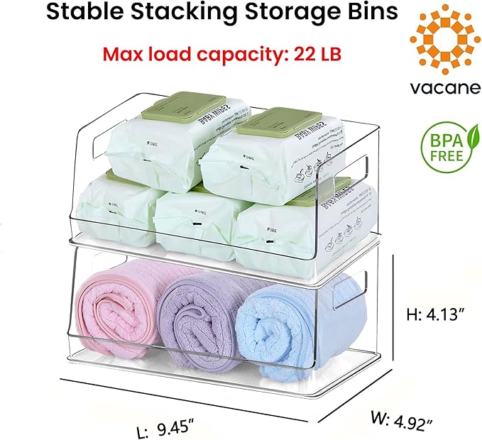 vacane 10" Wide Stackable Pantry Organizer Bins Open Front, Plastic Chip Organizer for Pantry Food Storage Basket for Countertops, Kitchen, Bathroom, 2 Pack