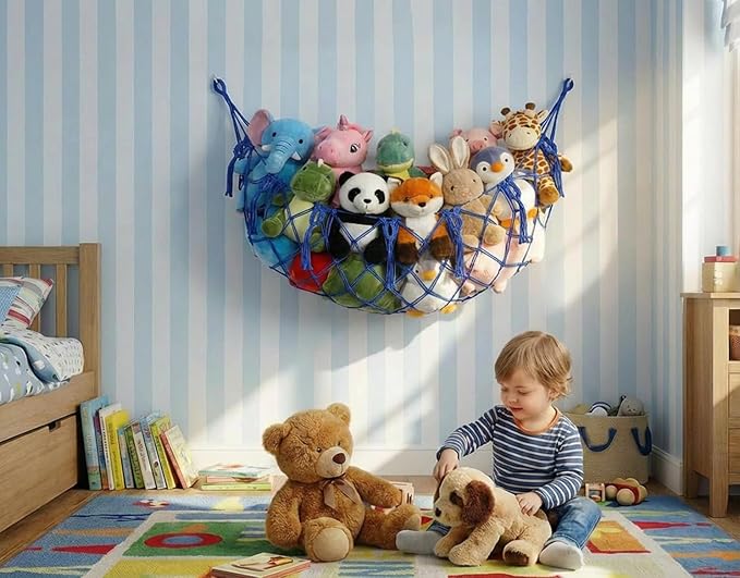 Stuffed Animal Net or Hammock for Flat Wall Mounted Handmade Macrame Toy Display Hanging Plush Toy Net for Stuff Animal Storage(blue large)