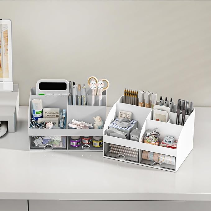 COMFYROOM Desk Organizer with 6 Compartments and 2 Drawers, Plastic Makeup Organizer, Pen Holder for Desktop Storage, Desk Organization for School, Home, Office Supplies (Grey)