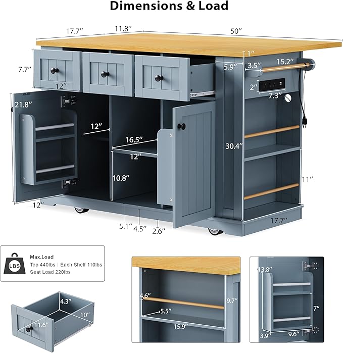 Amposei Kitchen Storage Island on Wheels with 2 Bar Stools, Rolling Drop Leaf Kitchen Island Cart with Power Outlet, Open Side Racks, Door Shelves and Towel Bar, 53-Inch, Grey Blule