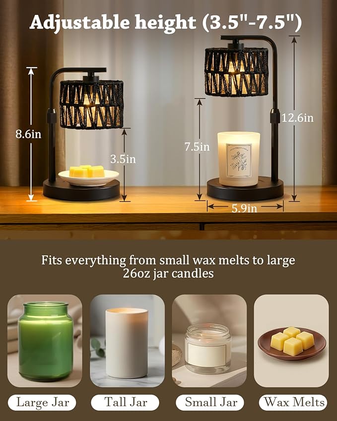 Candle Warmer Lamp, Timer Dimmable Candle Lamp, Adjustable Height and Brightness Candle Warmer, Black Boho Rattan Lampshade and 2 Bulbs, Suitable for Home Decor, Birthday Gifts for Women Mom