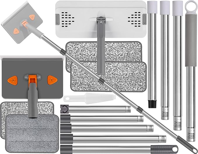 Mops for Floor Cleaning with 57" Long Handle, Baseboard Cleaner Tool with 84" Handle, 2 Reusable Pads, Wet and Dust Mopping for Hardwood, Laminate, Tile Floor, Skirting Board, 7Pcs Gray