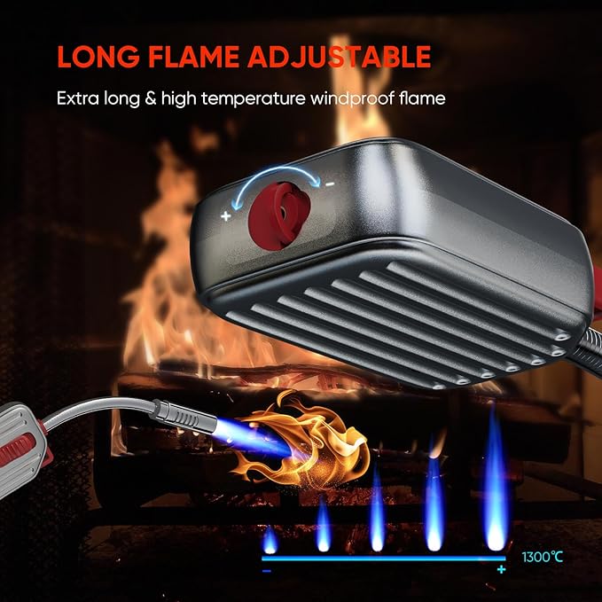 Megainvo Butane Lighter Torch Long Lighter Gas Refillable Fireplace with Adjustable and Continuous Flame, Long Neck Camping for Candle Fireplace Grill Camping (No Butane Included)