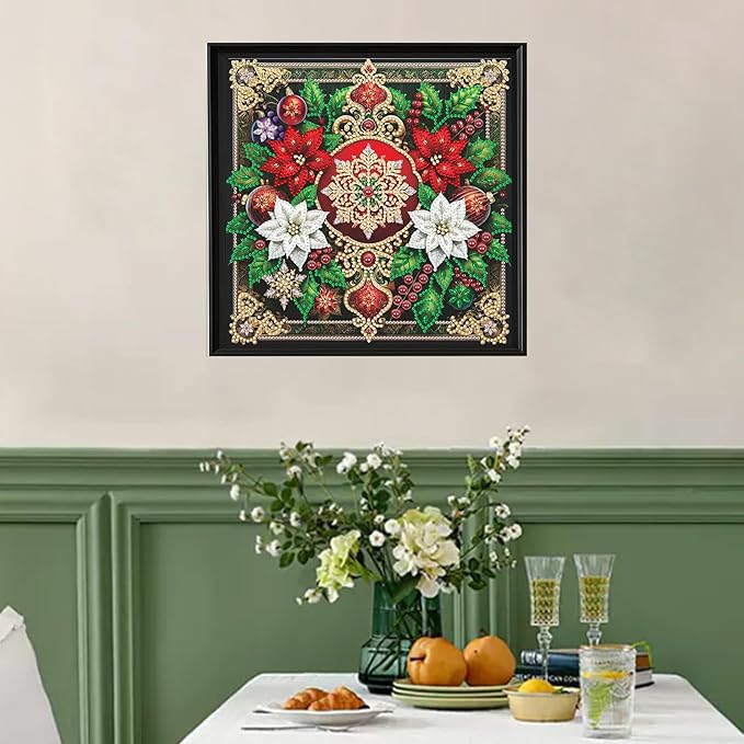 Xmas Flower 5D Special Shape Diamond Art Kits for Beginners, Christmas Winter Theme Diamonds Painting Kits for Adults,DIY Crystal Rhinestones Diamond Paintings for Home Wall Decor 12×12Inch