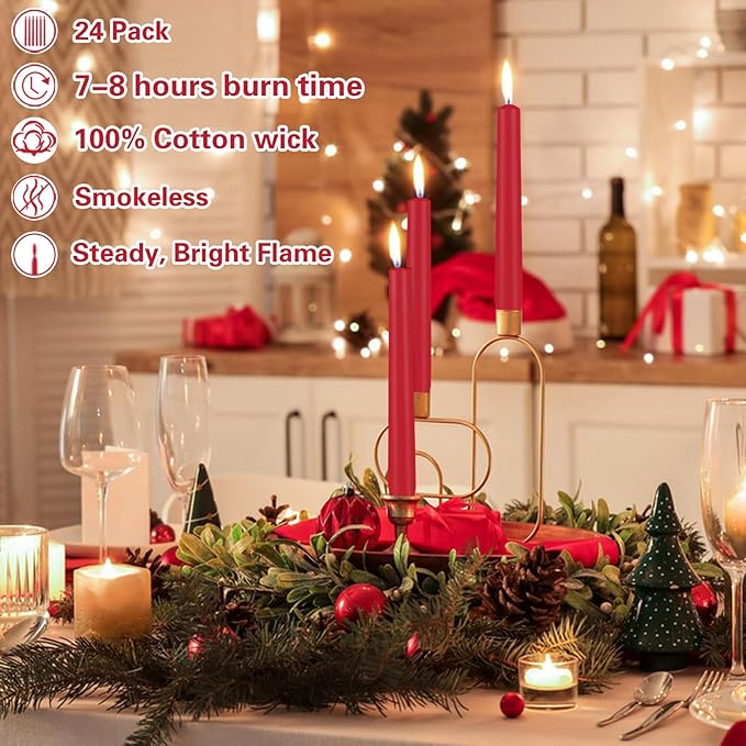 24 Pack Red Taper Candles, 10 Inch Classic Red for Valentine's Day Decor, 7-8 Hour Burn, Clean-Burning Unscented Bulk Candles for Holiday Dinner Table, Fireplace Mantel, Wedding Centerpiece