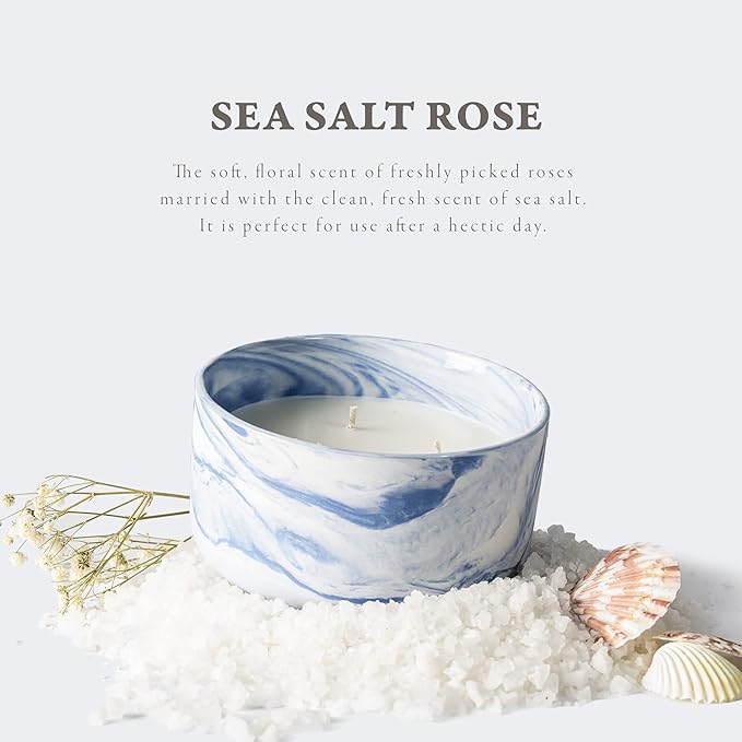Sea Salt Rose Scented Candle, 14.8oz Natural Soy Wax Non Toxic, 3 Wicks, Long-Lasting with Heat-Resistant Ceramic Jar, Large Candles for Home Scented, Gorgeous Gifts for Women