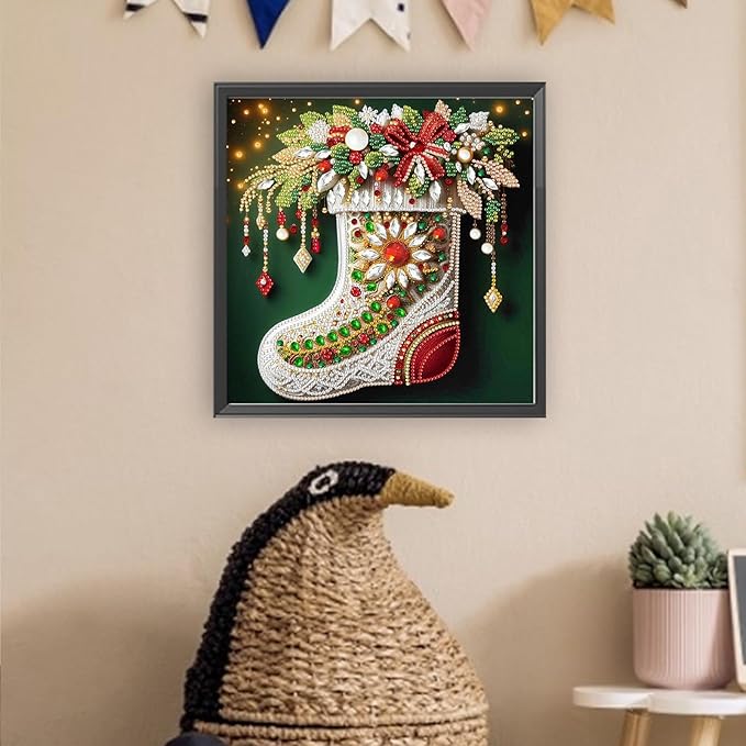 Christmas Sock 5D Special Shape Diamond Art Kits for Beginners, Christmas Winter Theme Diamonds Painting Kits for Adults,DIY Crystal Rhinestones Diamond Paintings for Home Wall Decor 12×12Inch
