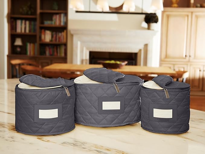 Covermates Keepsakes Dish Storage Set – Padded China & Dinnerware Storage Cases with Dividers, Cup & Stemware Storage, Quilted Polyester Protection, ID Window, Slate