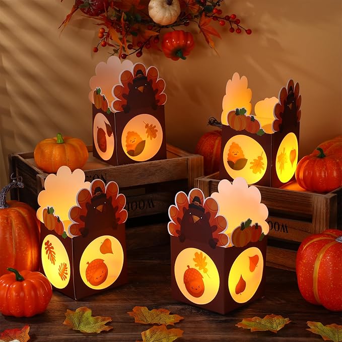 Marspark 24 Sets Thanksgiving Crafts Bulk Turkey Maple Leaf Fall Craft Paper Lanterns Kit DIY Harvest Autumn Lanterns for Home Art Activities Party Decorations(Turkey)