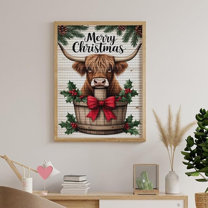 AIVKIEJK Diamond Painting Kits for Adults - Highland Cow Merry Christmas Painting DIY 5D Full Drill Diamond Dots Paintings with Diamonds Gem Art and Crafts Home Decor 12"x16"