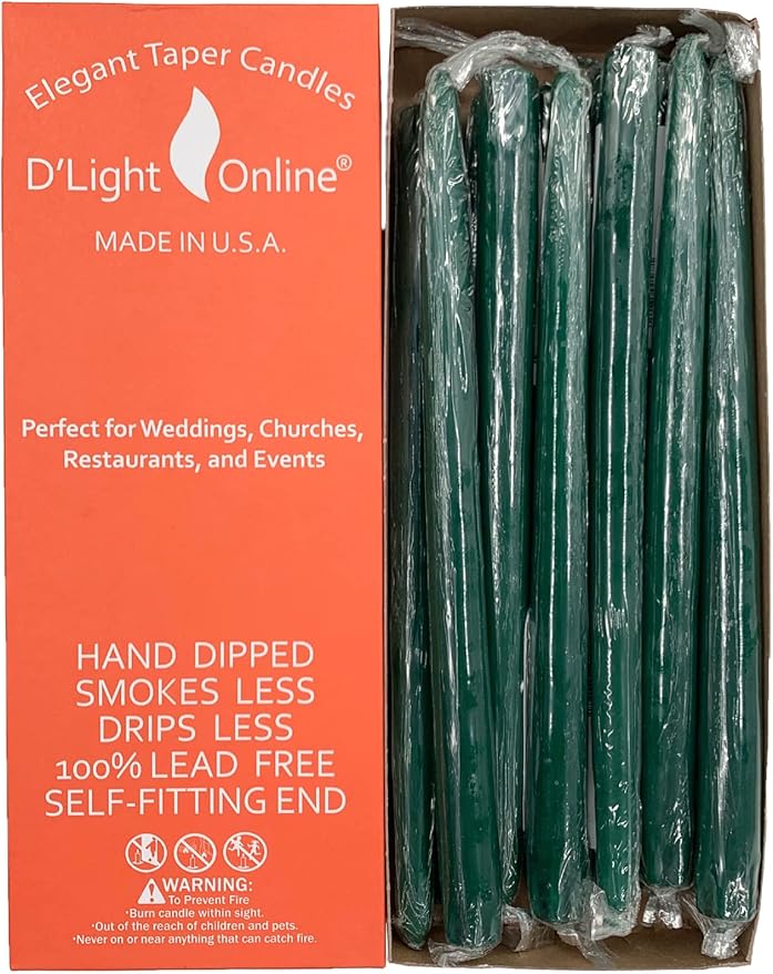 D'light Online Elegant 12" Unscented Hunter Green Taper Candles Premium Quality Candles Hand-Dipped Tapered Candles, Dripless and Smokeless - Set of 12 Individually Wrapped (12 Inch, Dark Green)